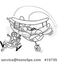 Cartoon Black and White Line Drawing of a Pilot Hanging on His Biplane by Toonaday