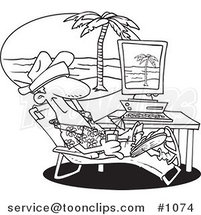 Cartoon Black and White Outline Design of a Guy Taking a Virtual Vacation in His Office by Toonaday