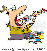 Cartoon Guy Shoveling Dietary Supplements into His Mouth by Toonaday