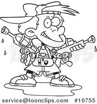 Cartoon Black and White Line Drawing of a Boy Holding Two Soaker Guns by Toonaday