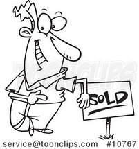 Cartoon Black and White Line Drawing of a Guy with a Sold Sign by Toonaday