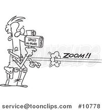 Cartoon Black and White Line Drawing of a Cop Using a Speed Gun on a Speeder by Toonaday
