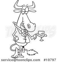 Cartoon Black and White Line Drawing of a Sophisticated Bull with Wine by Toonaday