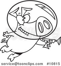 Cartoon Black and White Line Drawing of a Space Pig Using a Ray Gun by Toonaday