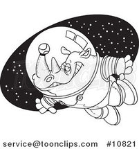 Cartoon Black and White Line Drawing of a Rhino Astronaut with a Tennis Ball by Toonaday
