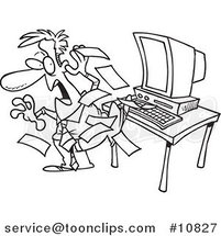 Cartoon Black and White Line Drawing of Spam Email Flying at a Business Man by Toonaday
