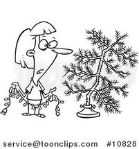 Cartoon Black and White Line Drawing of a Lady Decorating a Sparse Xmas Tree by Toonaday