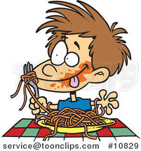 Cartoon Messy Boy Chowing down on Spaghetti by Toonaday