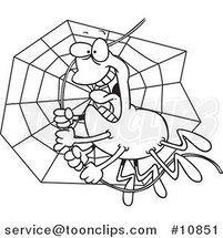 Cartoon Black and White Line Drawing of a Spider Swinging on Silk by Toonaday