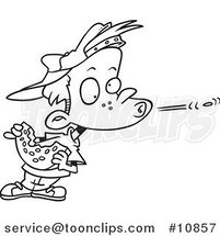 Cartoon Black and White Line Drawing of a Boy Spitting a Watermelon Seed by Toonaday