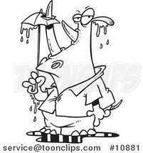 Cartoon Black and White Line Drawing of a Rhino Puncturing an Umbrella with His Horn by Toonaday