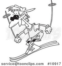 Cartoon Black and White Line Drawing of a Cool Skiing Guy by Toonaday