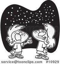 Cartoon Black and White Line Drawing of a Boy and Girl Gazing at the Stars by Toonaday