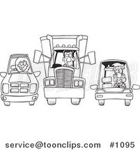 Cartoon Black and White Outline Design of an SUV, Big Rig and Car at a Stop Light by Toonaday