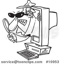 Cartoon Black and White Line Drawing of a Spyware Guy Popping out of a Computer by Toonaday