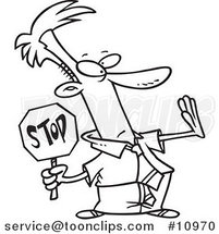 Cartoon Black and White Line Drawing of a Stopping Business Man by Toonaday