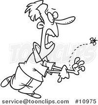 Cartoon Black and White Line Drawing of a Bee Stinging a Guy by Toonaday
