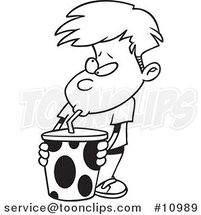 Cartoon Black and White Line Drawing of a Boy Sucking Soda Through a Straw by Toonaday
