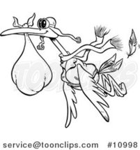 Cartoon Black and White Line Drawing of a Delivery Stork by Toonaday