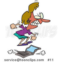 Cartoon Flustered Lady Jumping on a Laptop Computer by Toonaday