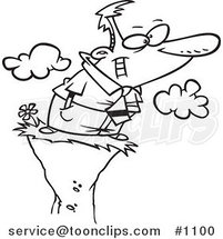 Cartoon Black and White Outline Design of a Business Man Enjoying a View on a High Cliff by Toonaday