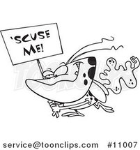 Cartoon Black and White Line Drawing of a Stink Bug Carrying a Scuse Me Sign by Toonaday