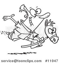 Cartoon Black and White Line Drawing of a Business Man Riding a Stick Pony by Toonaday