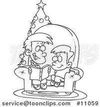 Cartoon Black and White Outline Design of a Boy Reading a Christmas Story to His Little Brother by Toonaday