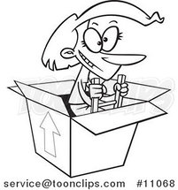 Cartoon Black and White Outline Design of a Lady Climbing out of a Box by Toonaday