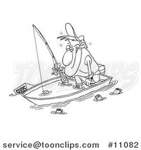 Cartoon Black and White Outline Design of a Drunk Guy Fishing in a Sinking Boat by Toonaday