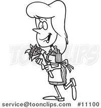 Cartoon Black and White Outline Design of a Candy Striper Carrying Flowers by Toonaday