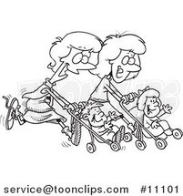 Cartoon Black and White Outline Design of Mothers Running with Strollers by Toonaday