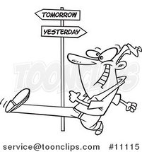 Cartoon Black and White Outline Design of a Guy Striding into Tomorrow by Toonaday