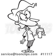 Cartoon Black and White Outline Design of a Lady Drinking a Milkshake by Toonaday