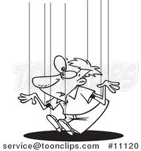 Cartoon Black and White Outline Design of a Guy on Puppet Strings by Toonaday