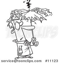 Cartoon Black and White Outline Design of a Guy Under a Struck Umbrella by Toonaday