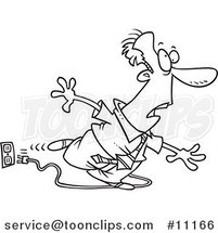 Cartoon Black and White Line Drawing of a Business Man Stumbling over a Cord by Toonaday