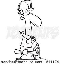 Cartoon Black and White Line Drawing of a Grouchy Engineer by Toonaday