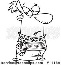 Cartoon Black and White Line Drawing of a Guy Wearing a Festive Sweater by Toonaday