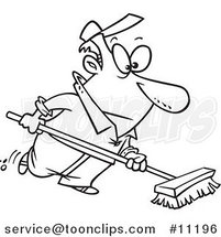 Cartoon Black and White Line Drawing of a Guy Using a Push Broom by Toonaday