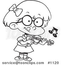 Cartoon Black and White Outline Design of a Little Girl Standing and Playing a Violin by Toonaday