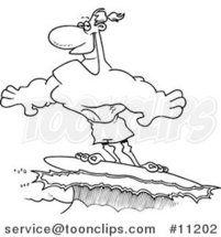 Cartoon Black and White Line Drawing of a Buff Surfer Riding a Wave by Toonaday