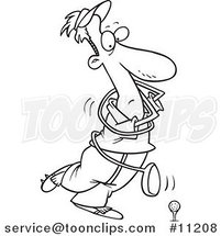 Cartoon Black and White Line Drawing of a Swinging Golfer Getting Tangled in a Club by Toonaday