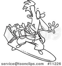 Cartoon Black and White Line Drawing of a Surfing Business Man by Toonaday