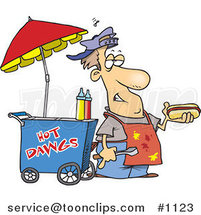 Cartoon Messy Hot Dog Vendor by His Cart by Toonaday
