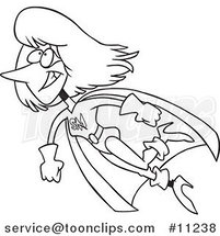 Cartoon Black and White Line Drawing of a Super Mom Flying by Toonaday