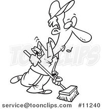 Cartoon Black and White Line Drawing of a Janitor Using a Push Broom by Toonaday