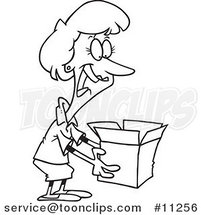 Cartoon Black and White Outline Design of a Lady Holding a Surprise in a Box by Toonaday