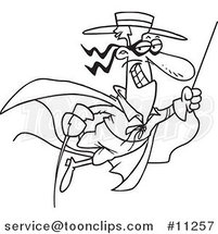 Cartoon Black and White Outline Design of a Swinging Swashbuckler by Toonaday