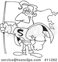 Cartoon Black and White Outline Design of a Super Guy Holding a Flag by Toonaday